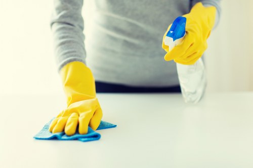 Technician cleaning a fabric armchair with specialized equipment
