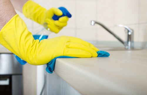 Professional deep cleaning of a kitchen countertop and cabinets