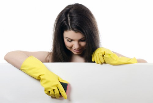 Professional house cleaning setup with vacuum, mop, and microfiber cloths